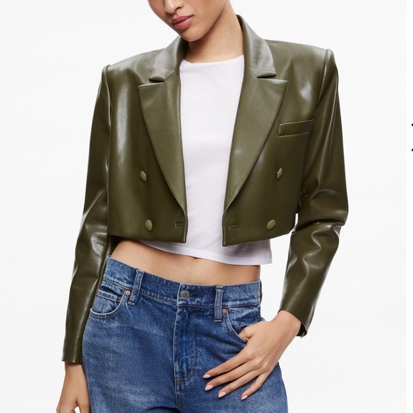 NWT ALICE + OLIVIA ANTHONY CROPPED DOUBLE BREASTED VEGAN BLAZER IN OLIVE SIZE 10 - Picture 1 of 7